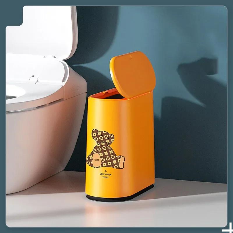 Narrow Flat Trash Can with Lid Cute Bear Toilet Paper Basket Living Room Bathroom Slot Trash Basket Free Garbage Bags