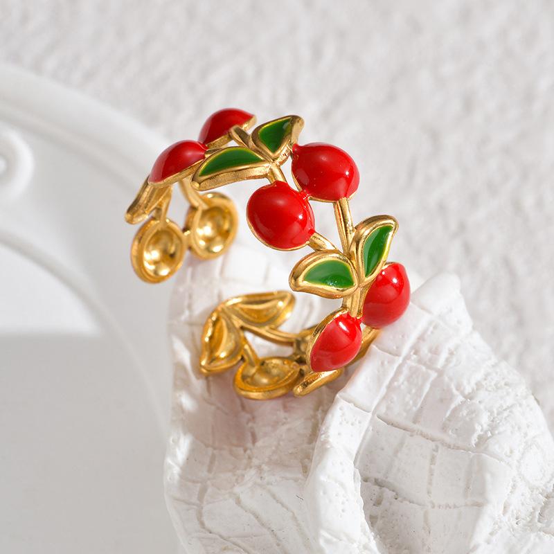 

Fashion Fruit Style Stainless Steel Open Ring Enamel Strawberry Cherry Design Sweet Daily Party Female Jewelry Gifts