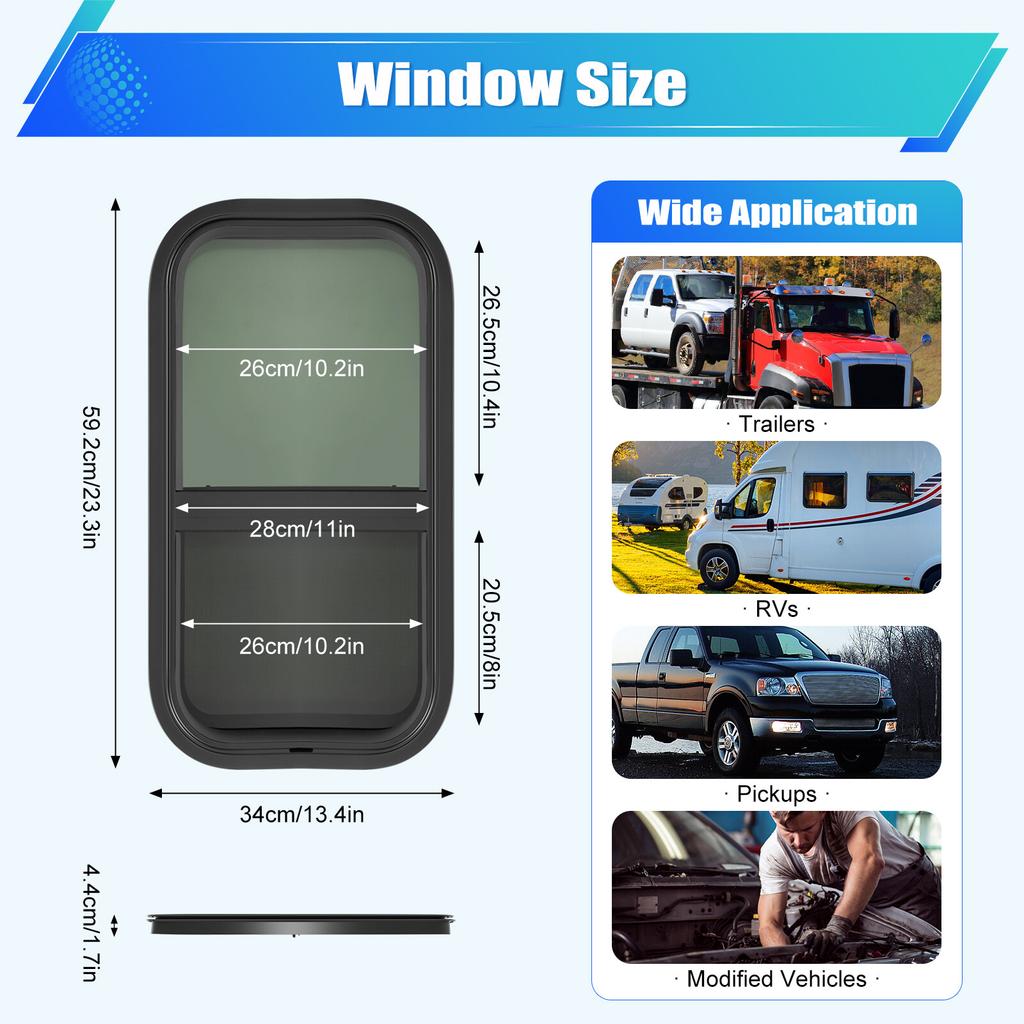 Vertical Sliding Black RV Window 12x22 inch Aluminum Frame with Insect Screen for Camper Trailer