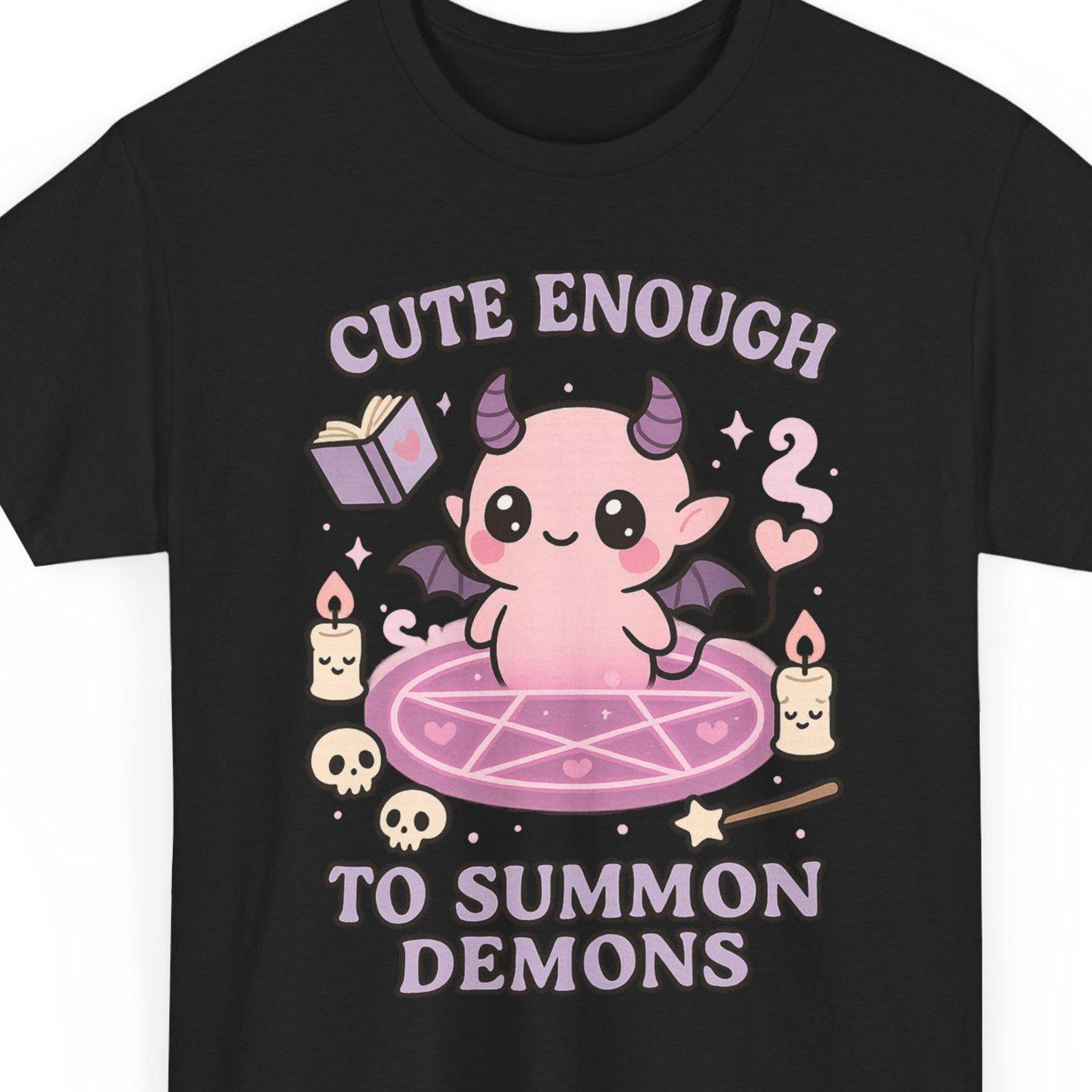 Cute Enough to Summon Demons Tee, Kawaii Devil Kitty Shirt, Witchy Occult Cute Goth Graphic, Adorable Demon Cat Aesthetic T-Shirt, goth gift L