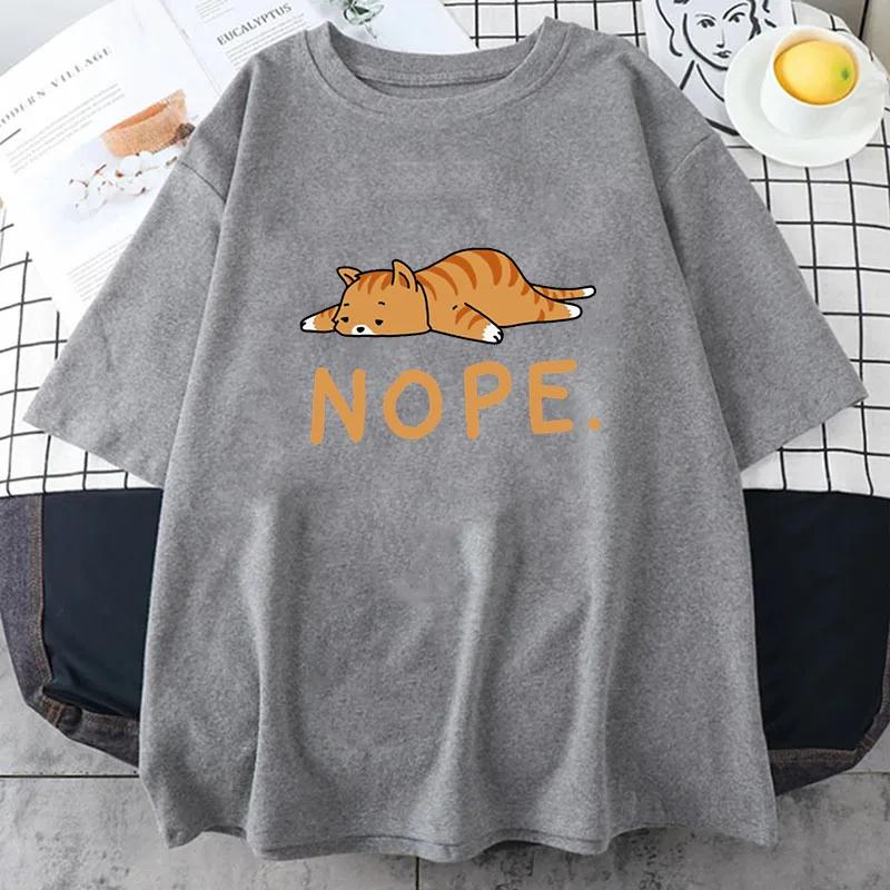Sleeping Cat Nope Cartoons Print Male Short Sleeve Harajuku Street T-Shirts Summer Loose T Shirts Harajuku Cotton T Shirt Men