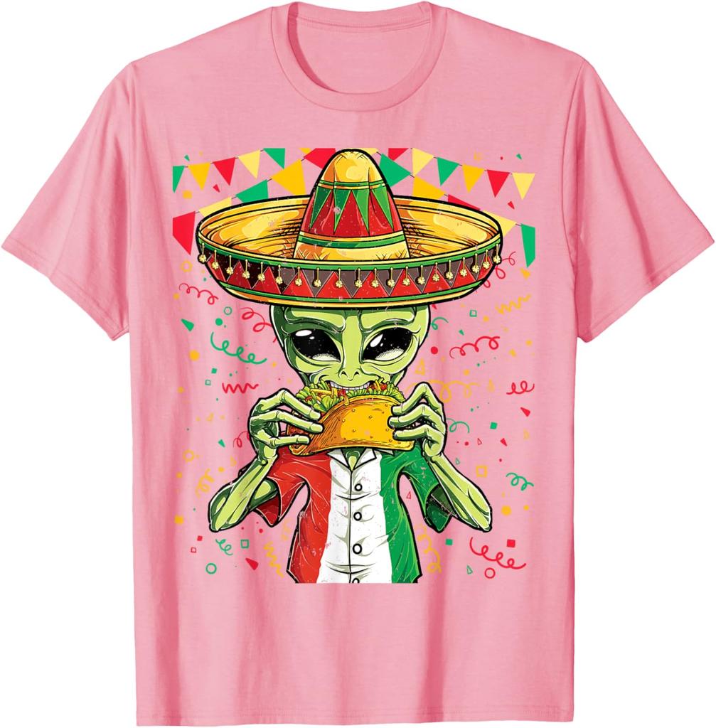 Alien Eating Taco Cinco De Mayo Unisex UFO Mexico Flag Sombrero T-Shirt