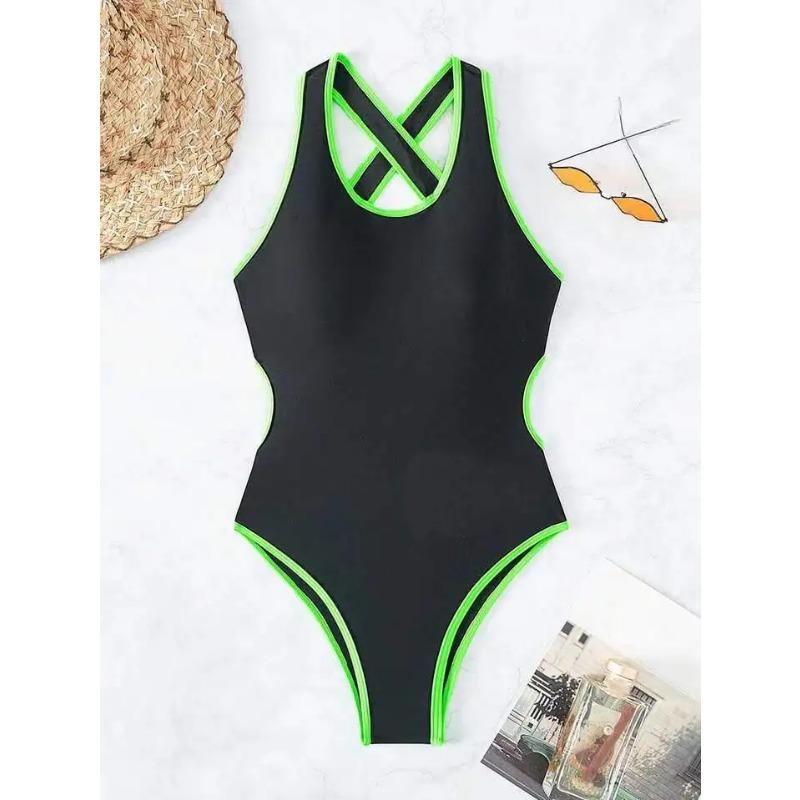 

Сексуальный неоново-зеленый черный лоскутный купальник женский с вырезами на спине крест-накрест, открытой спиной, утягивающий живот, слитный купальник 2025 XL зелёный