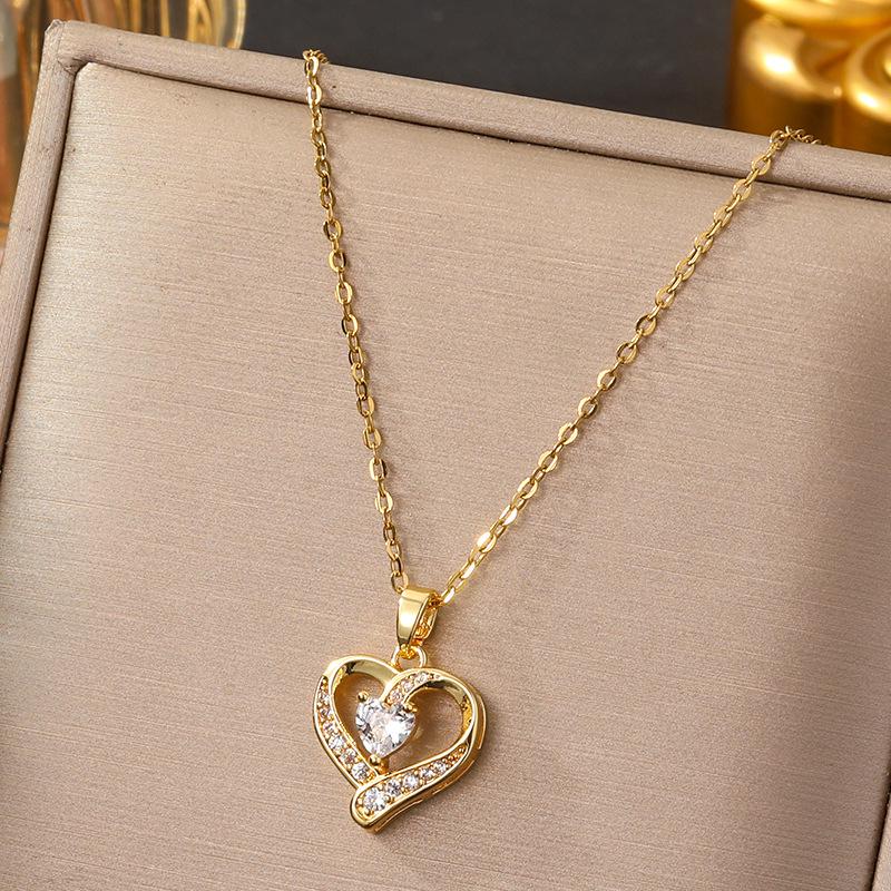 Korean Style Valentine's Day Rhinestone Heart Pendant Titanium Necklace for Women - Light Luxury Clavicle Chain Jewelry