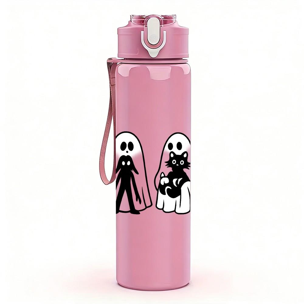 1PC Three White Ghost Line Art 750ml Color Plastic Sports Water Bottle Leakproof Flip Straw Lid Suitable for Sports Office Home Use