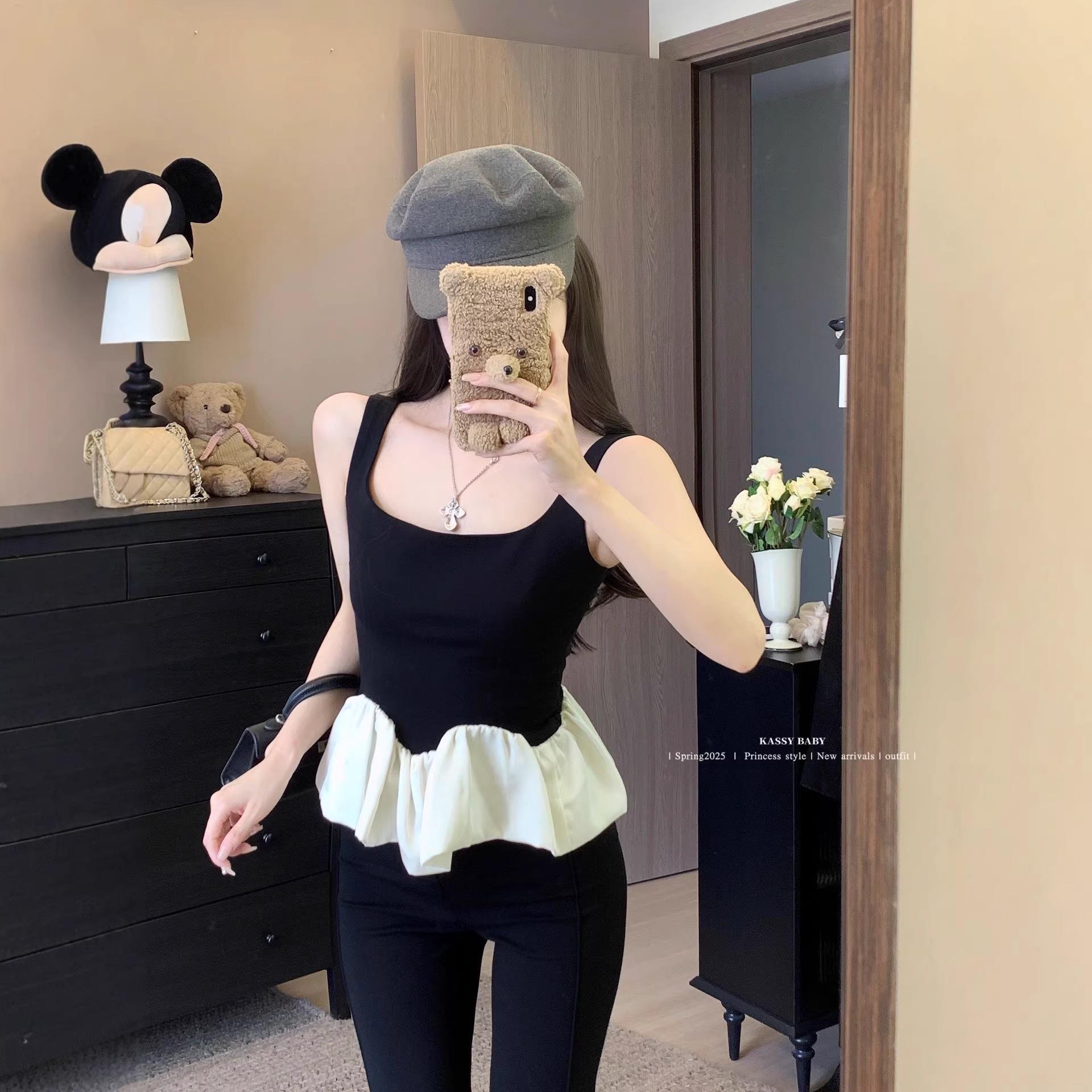 French-Inspired Patchwork Camisole: Women s Slimming Summer 2026 Top One Size чёрный