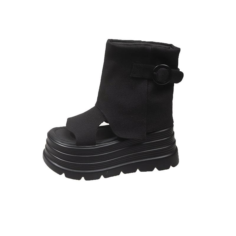 

Thick-soled muffin belt buckle small word Roman cool boots 2025 summer new denim open-toed sandals women s trend 39 чёрный