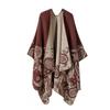 Womens Open-Slit Cape Shawl With Fringe Trim Double-Sided Knit Wrap In Vintage Style Travel Warmth