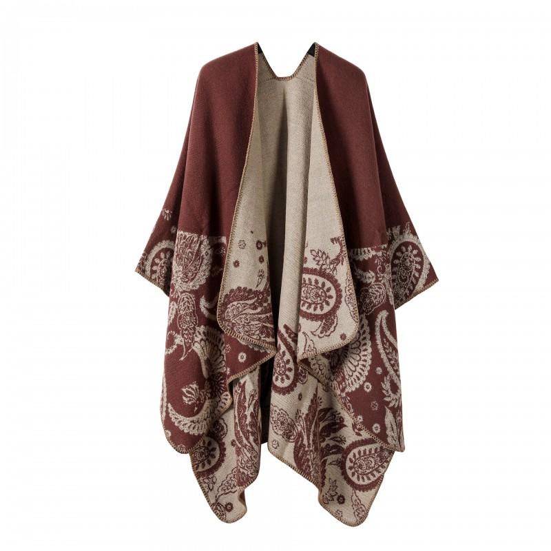 Womens Open-Slit Cape Shawl With Fringe Trim Double-Sided Knit Wrap In Vintage Style Travel Warmth