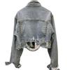 Damen Langarm Denim Kurze Jacke Mode Pendler Revers Top