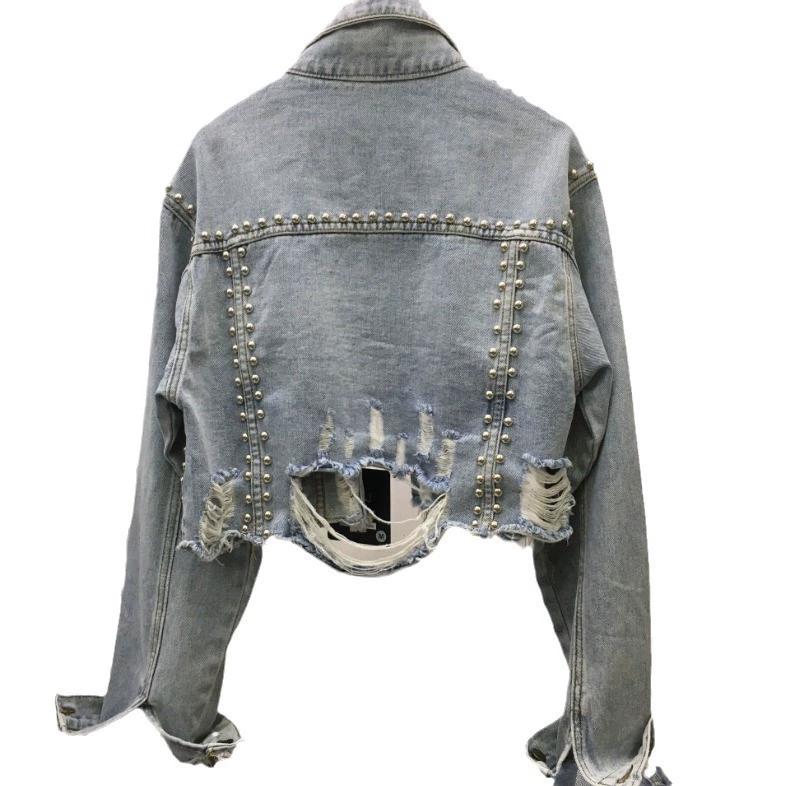 Damen Langarm Denim Kurze Jacke Mode Pendler Revers Top