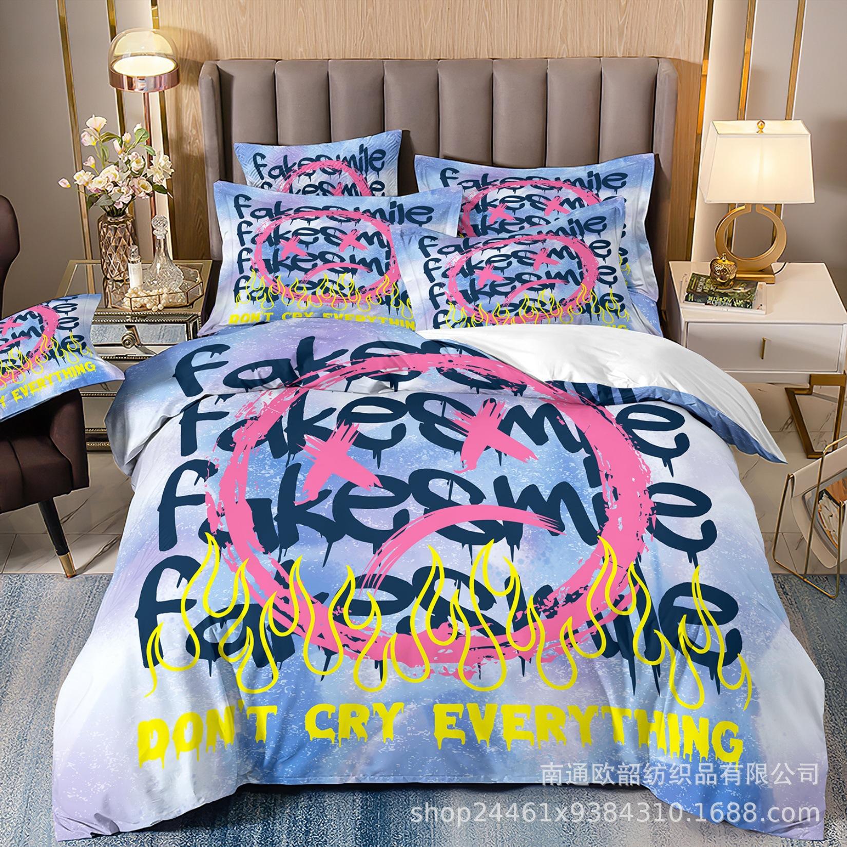 

Hot-Selling 3D Digital Printing Hip-Hop Graffiti Smiley Face Bedding Pillowcase Duvet Cover Three-Piece Set quilt cover 70 * 133 2pcs