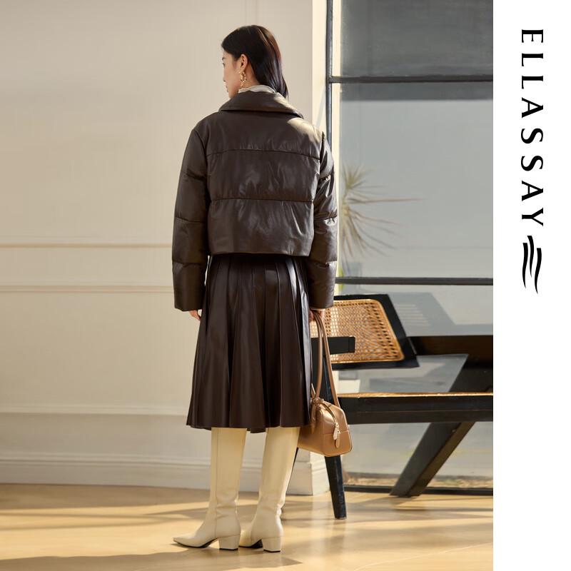 ELLASSAY Women's Simple Lapel Goose Down PU Leather Short Jacket