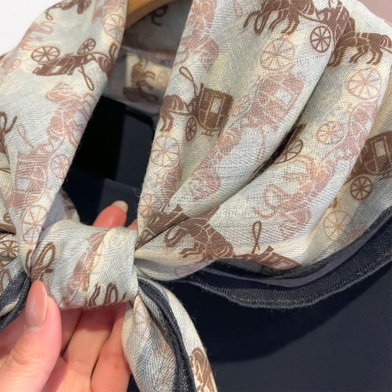 European Style Small Square Scarf Carriage Pattern Cotton Linen Feel Fashion Neck Scarf For Women