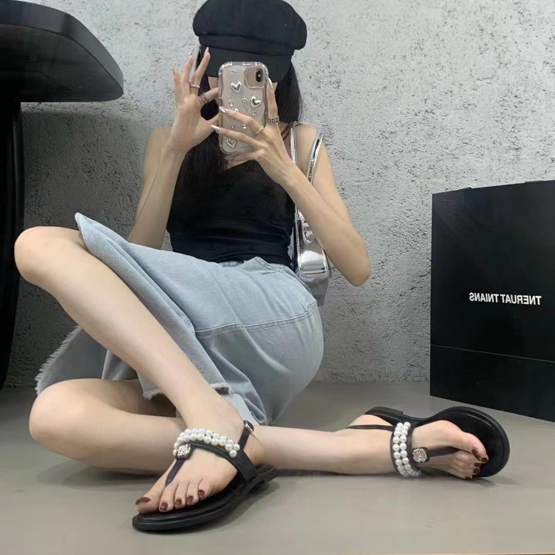 

Pearl Xiaoxiang toe sandals women s one-button flat sandals silver women s shoes 35 чёрный