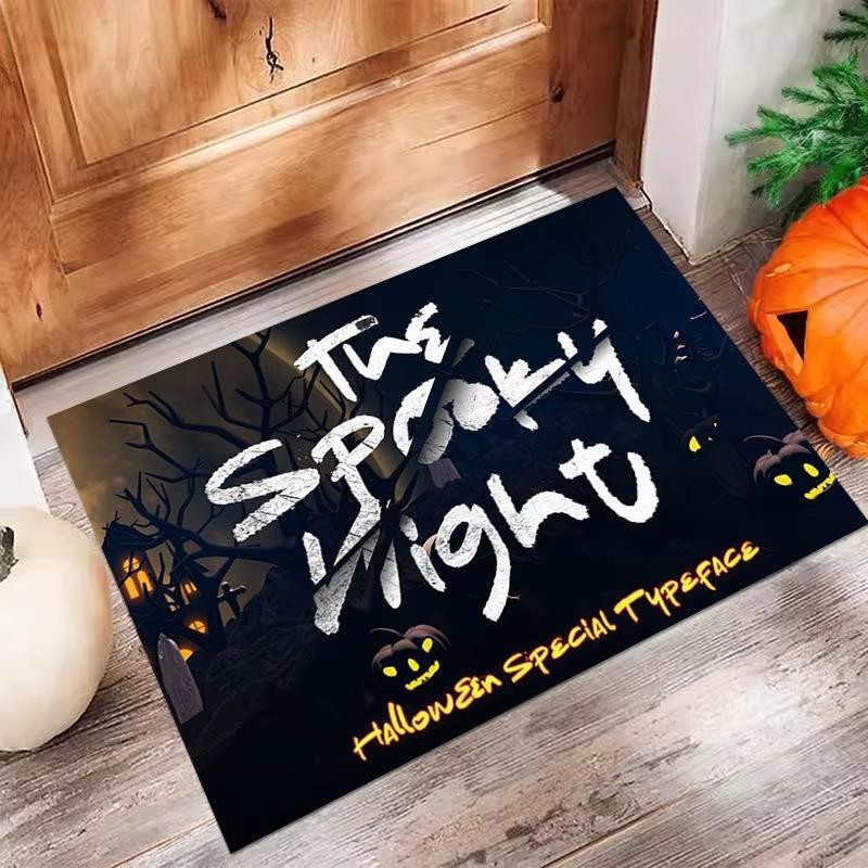 Halloween Theme Door Mat With Pumpkin Bat Black Cat Ghost Castle Patterns Fun Cartoon Spooky Atmosphere Decorative