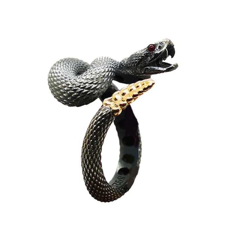 Snake Ring with Tail Copper Rattlesnake Shaped Finger Ring Jewelry Handmade Adjustable Serpent Ring Gift for Men Women