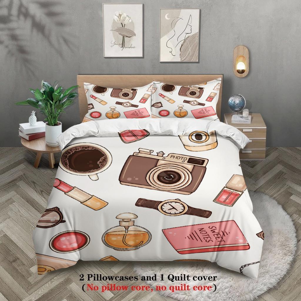 3pcs Bedding Sets 3D Printed Camera Coffee Perfume And Watch Duvet Cover Sets With Pillowcases No Filling