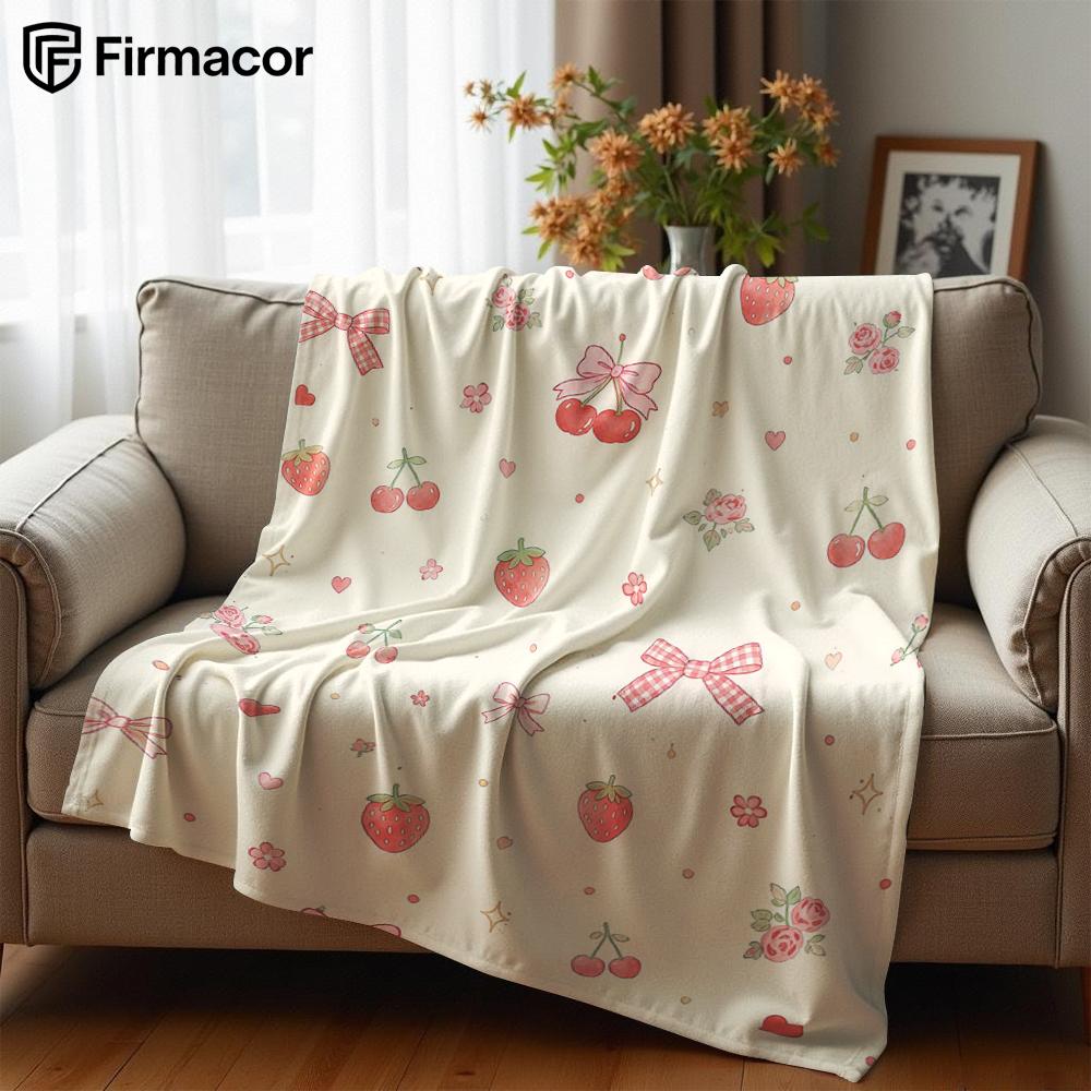 Strawberry Cherry Ribbon Cartoon Anime Print Flannel Blanket Soft Warm Throw for Kids Bedroom Sofa Bed Christmas Office Car