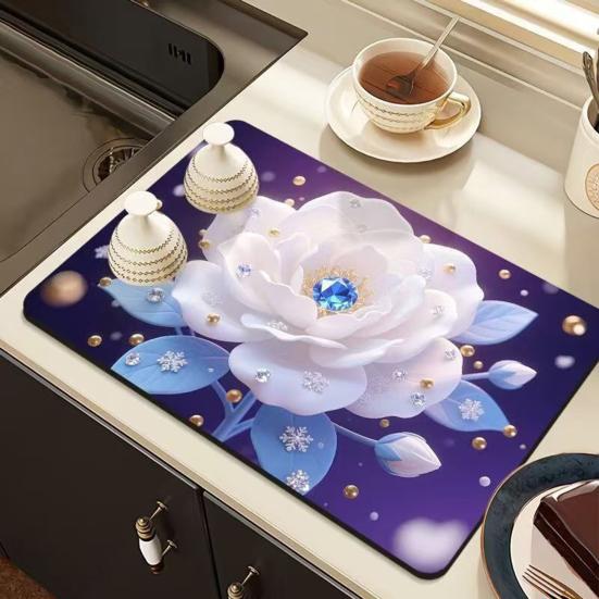 3D Flower Dish Mat Diatomaceous Earth Absorbent Dish Drying Mat Coaster Floral Placemat Insulation Mat for Kitchen Counter Dining Table