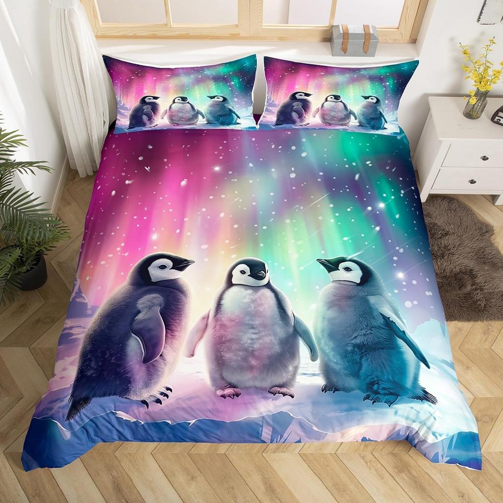Penguin Duvet Cover Twin Queen Size Antarctic Animal Bedding Set For Kids Boys Girl Cartoon Black White Wildlife Comforter Cover
