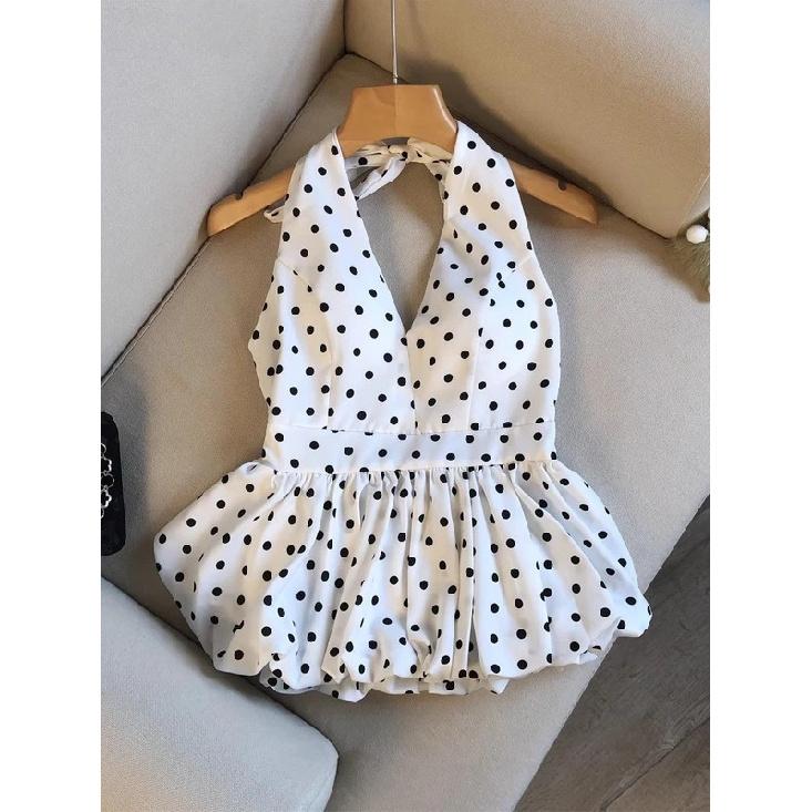 Backless Sexy Halter Beach Babydoll Crop Tops Women Polka Dots V Neck Sleeveless T Shirt Ruffles Basic Tees Not-Padded Pad