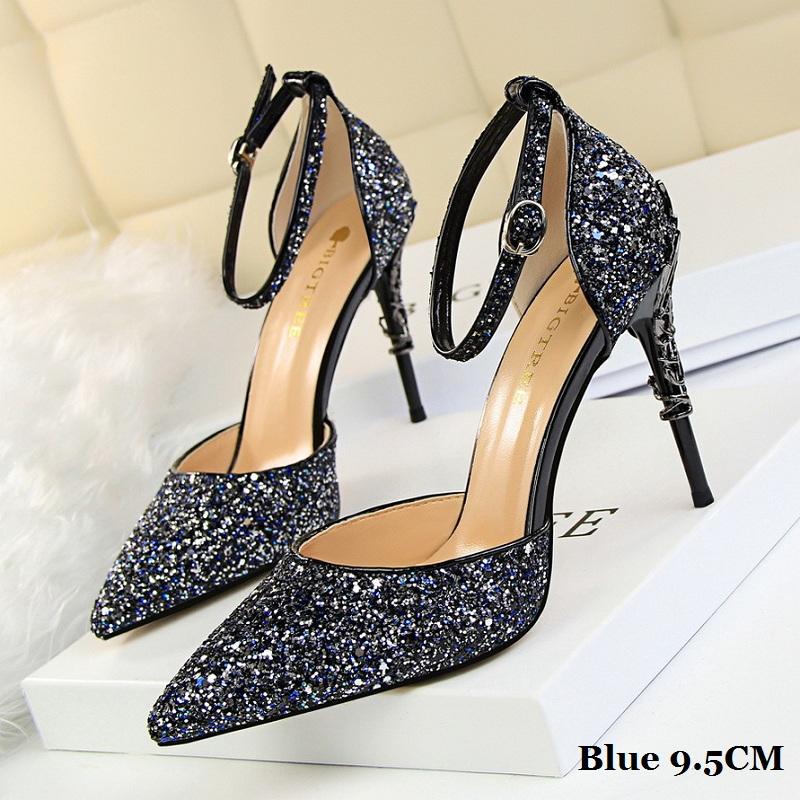 Bigtree European and American Fashion Sexy Hollow Out Nightclub Show Metal Heel  9.5cm High Heel Sparkle Sequins with Sandals
