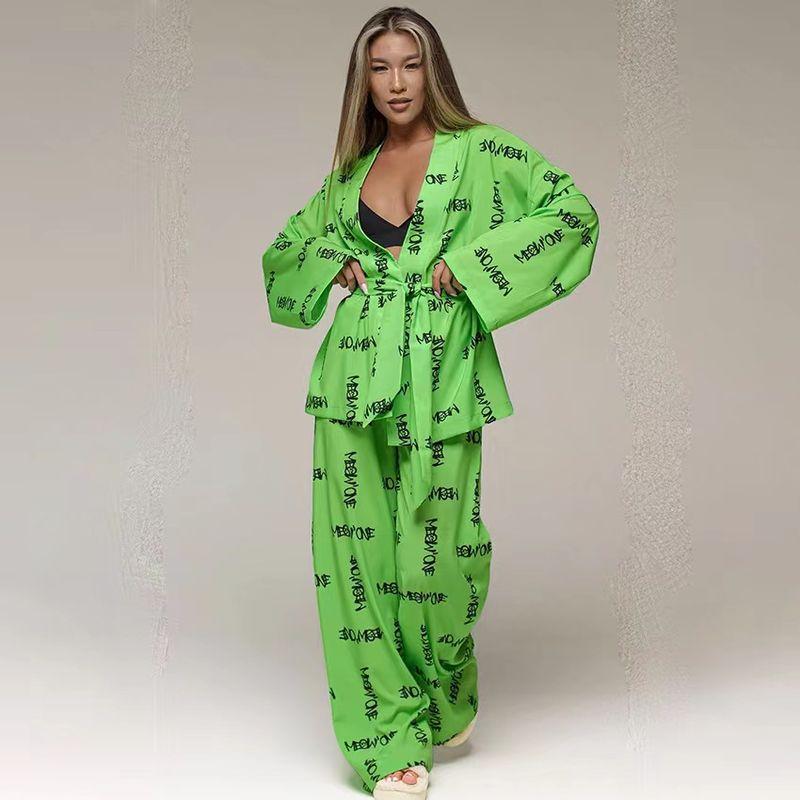 

European and American Print Loose and Comfortable Top Trousers Set Home Wear Printed Top and Pants Set Green L