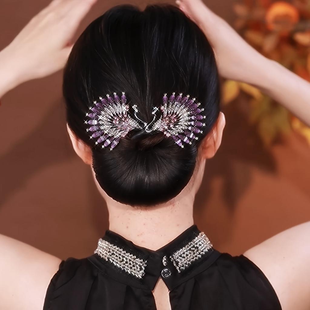 2 Fashionable and Elegant Peacock Hair Rollers,Curl Maker DIY High Bun Styling Tool with Rhinestone Decorated French Twist Clips