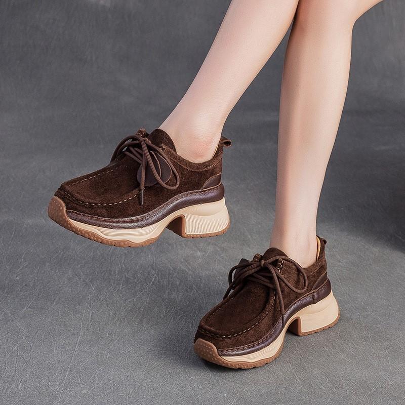 Fashion GKTINOO 2025 Autumn/Winter New Cow Suede Thick Soled Comfortable Thick Heel Shoes Versatile Lace Up Lightweight Women's Shoes