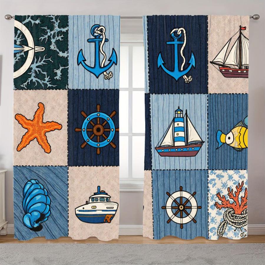 2PCS Digital Printed Curtains, Nautical Navigation Symbol Sailor Navy, Modern Home Decor Style for Living Room Bedroom Decor