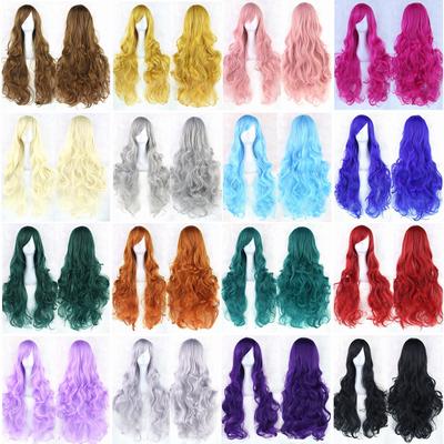 80 cm hochwertige, geschichtete, zottelige, lange, lockige, hitzebeständige, charmante Cosplay-Perücke mit Seitenknall
