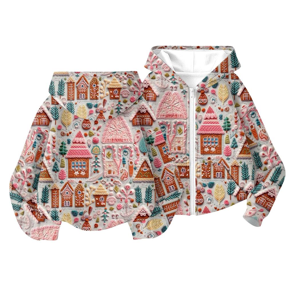 Children's Fashion Christmas Printed Long Sleeved Hooded Sweatshirt, Girls' Hoodie Jacket