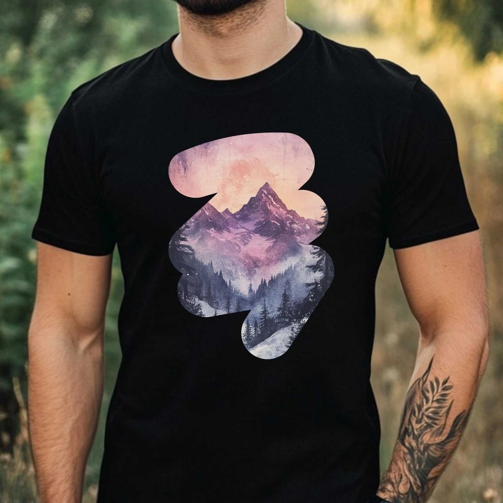 T-Shirt Herren Aquarell Berglandschaft Motiv Baumwolle Größe XS bis 5XL XXXL
