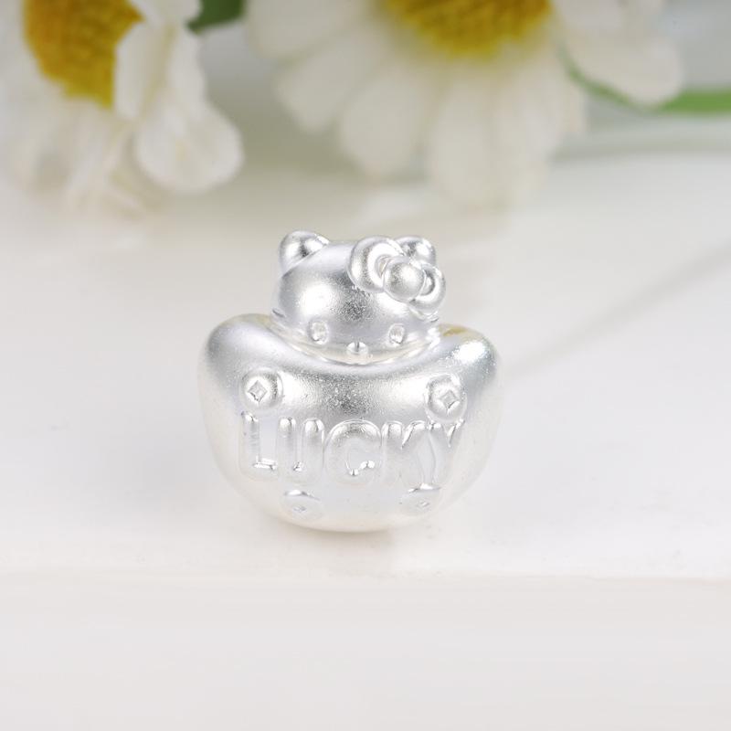 Hello Kitty Sterling Silver 999 Beaded Charm Bracelet with Hand-braided Rope