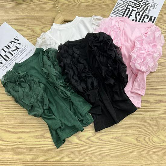 2025 Spring/Autumn Stylish Korean Bubble Sleeve Long-Sleeve T-Shirt for Girls