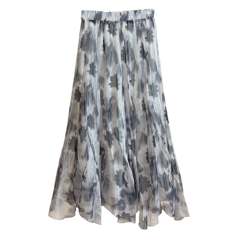 Temperament tie-dye ink printing mesh skirt women's thin summer new irregular hem long skirt