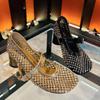 Fashion Summer New Rhinestone Mesh Heels Women's Square Toe Shallow Mouth Cutout Breathable Non-Slip Mary Jane Single