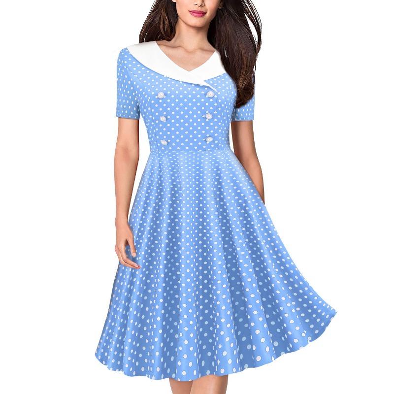 Summer Women's V-Neck Short Sleeve Polka Dot Printing Retro Double-breasted Pseudo-Button Pendulum Dress