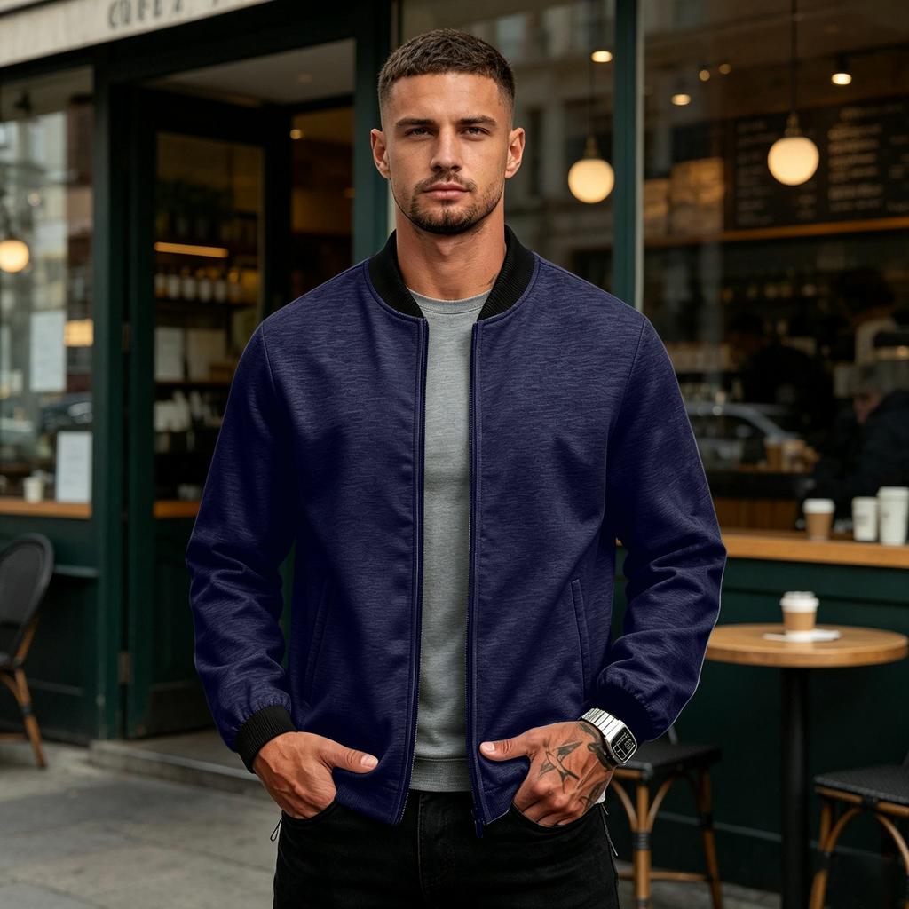 Men's Color Zip Up Baseball Jacket with Stand Collar