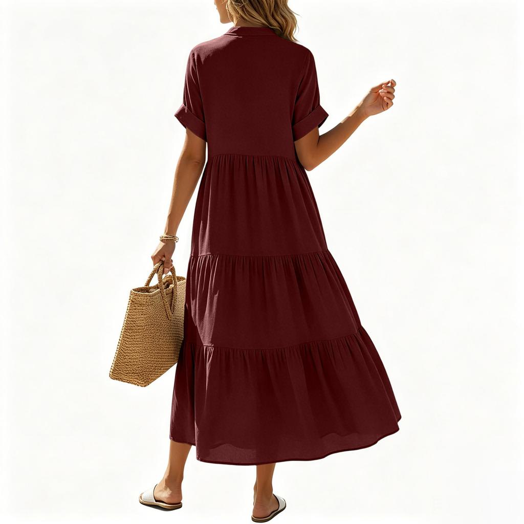 Damen Lässiges Kurzarm Maxikleid V-Ausschnitt Lockerer Schnitt Stufiger Rüschensaum Leichtes Sommerkleid mit Taschen