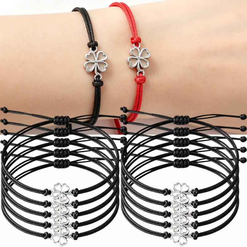10 pièces 2026 Bracelets Trèfle à Quatre Feuilles pour Femmes Hommes Réglable Fait Main Corde Rouge Porte-Bonheur Couple Amitié Bijoux Accessoires