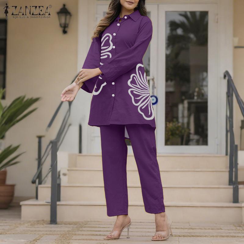 ZANZEA Women Long Sleeve Print Blouse and Pants Casual Two Piece Suit Sets