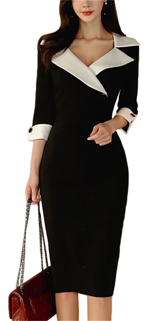 

ZHENGTU Женское двухцветное клубное платье, облегающее мини-платье, V-образный вырез, 3/4 рукава, элегантная длина до колена (Черный, Размер S)