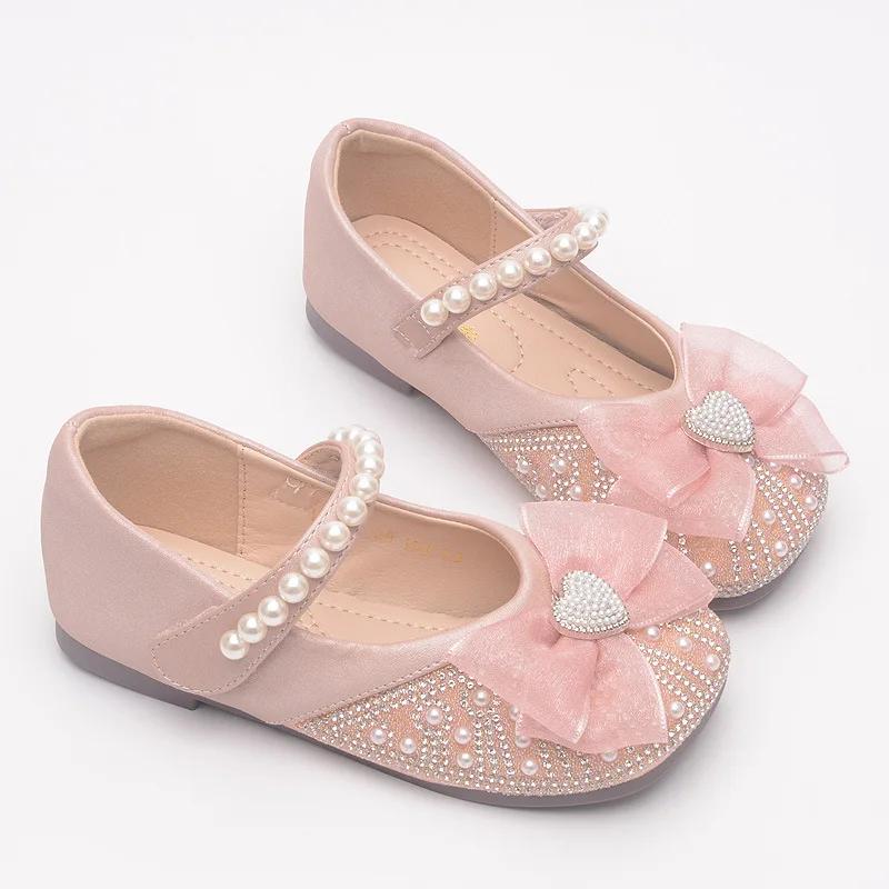 2024 Children Princess Shoes Pearl Bow Casual Party Wedding Shoes Kids Shallow Leather Shoes Fashion Girls Dance Single Shoes