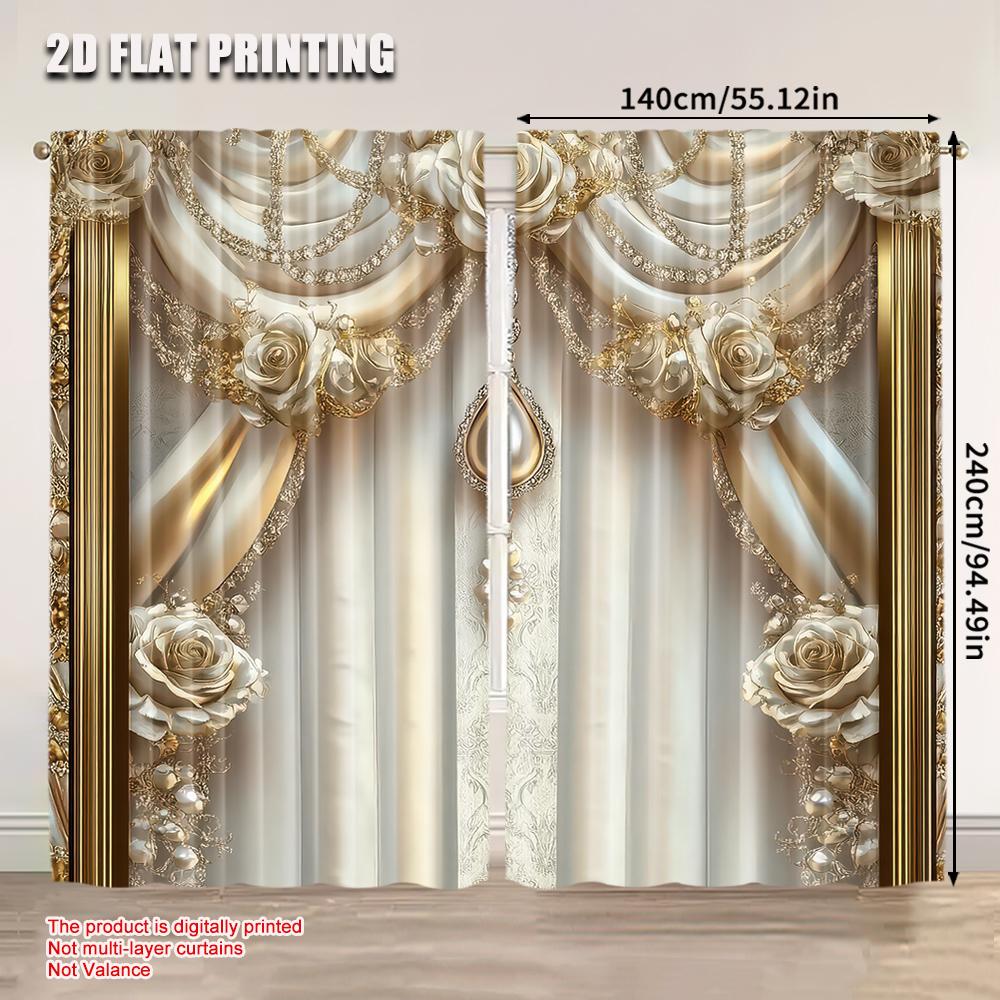 Set Of 2 Elegant Golden Flower Pattern Curtain Home Decor Royal Style Curtains Bedroom Office Kitchen Living Room For Area Made Polyester