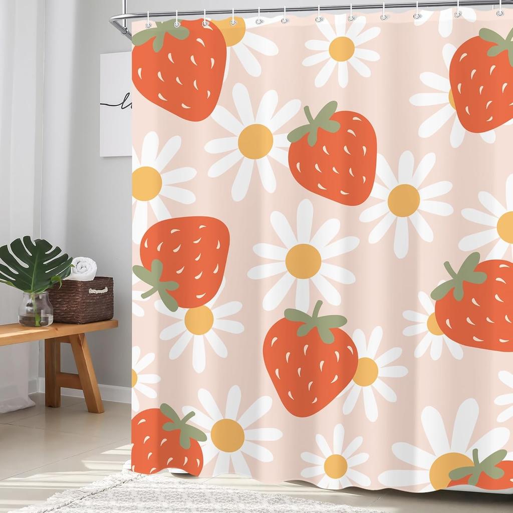 1pc Strawberry Print Waterproof Shower Partition Privacy Hanging Curtain with 12 Hooks, Multiple Sizes, Machine Washable