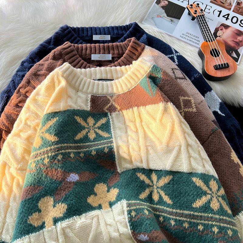 Men's Winter Guochao Jacquard Sweater – Thick, Trendy, Retro, Warm, Loose-Fit Christmas Outerwear.