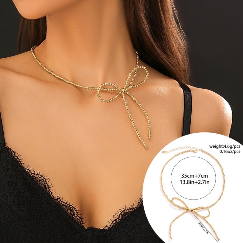 Trendy Bowknot Studs Earrings Stylish Chain Choker Necklace Durable Beads Bracelet Alloy Material Jewelry Gift for Women