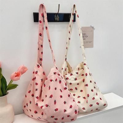 Strawberry Print Corduroy Shoulder Bag - Casual, Large Capacity for Commuting and Daily Essentials